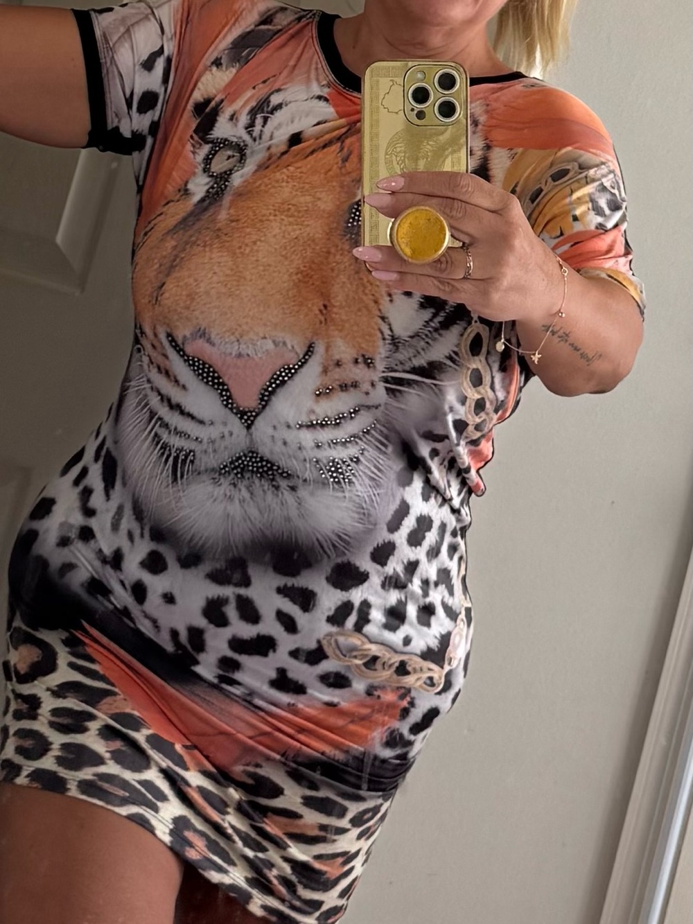Roberto Cavalli Tiger Face Short dress in Orange, Black & White